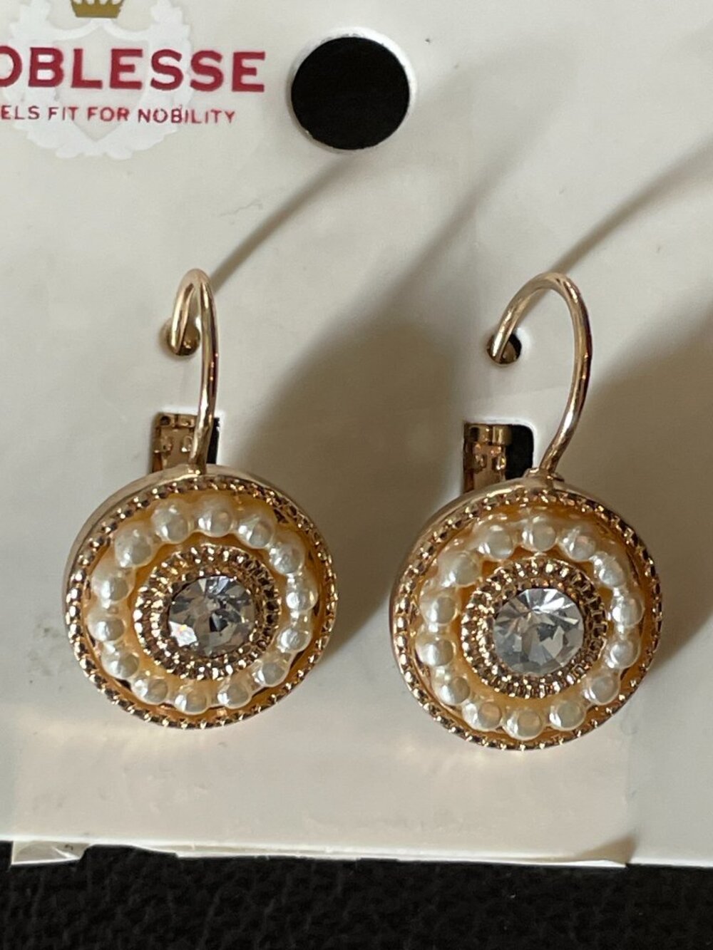 NEW pair Gold Ivory Pearl & Rhinestone Circle Leverback Drop Earrings